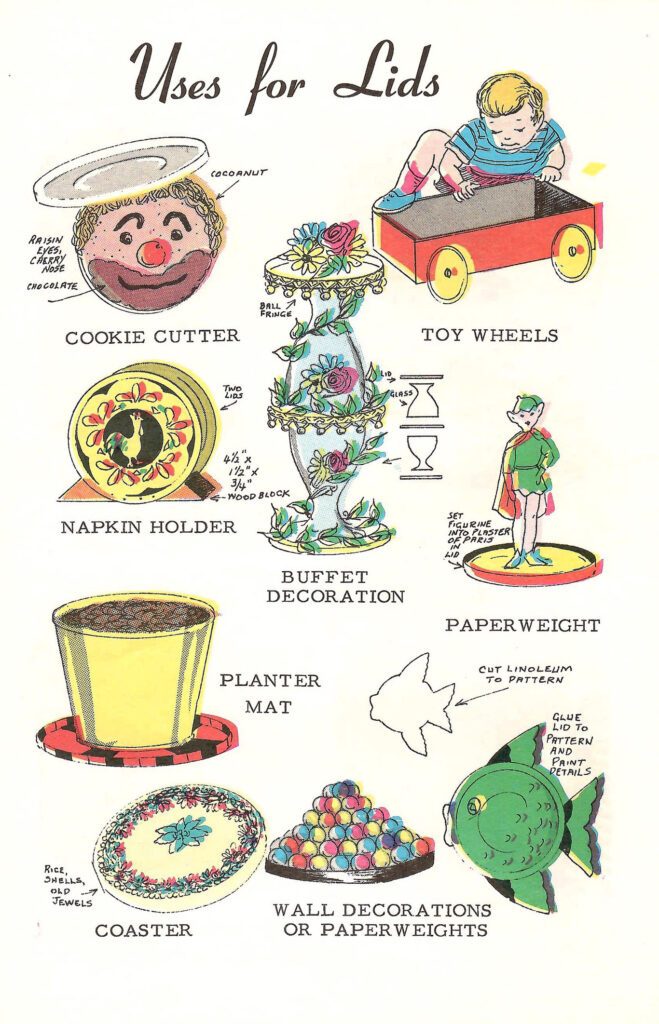 Uses for Lids. Page of a 1966 craft booklet with ideas and instructions on making crafts and gifts with leftover coffee cans.