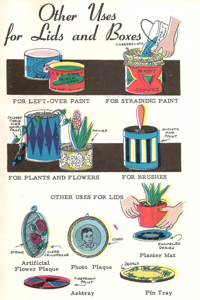 Other Uses for Lids and Boxes. Page of a 1966 craft booklet with ideas and instructions on making crafts and gifts with leftover coffee cans.