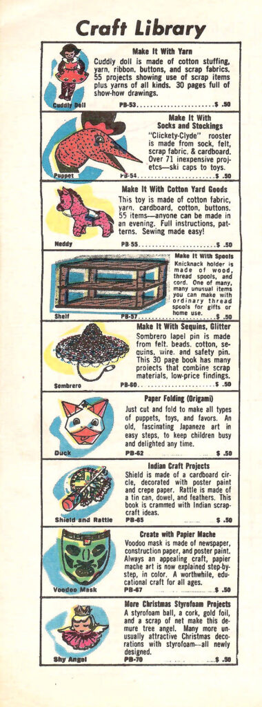 More Craft Library. Page of a 1966 craft booklet with ideas and instructions on making crafts and gifts with leftover coffee cans.