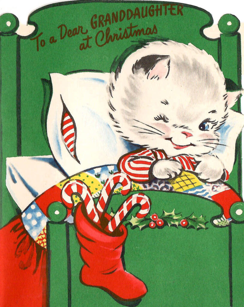 To a Dear Granddaughter at Christmas. Cover of a kids vintage Christmas card.
