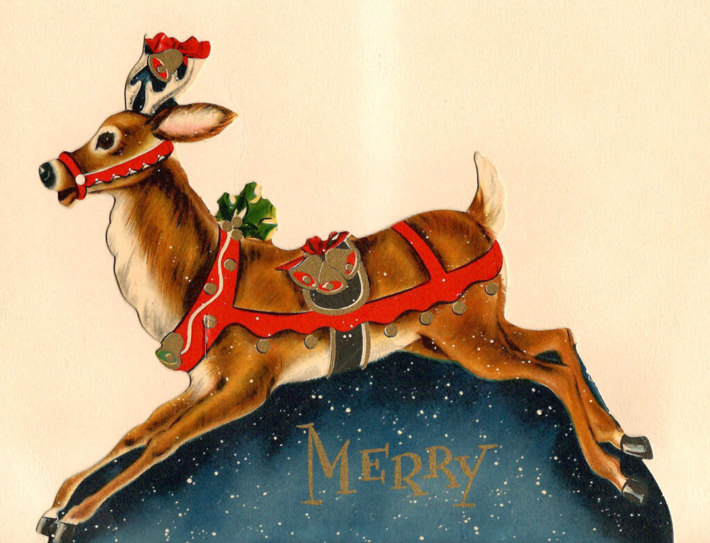 "Merry" Reindeer. Part of a cardboard Hallmark Christmas Sleigh. A mid century holiday table centerpiece.