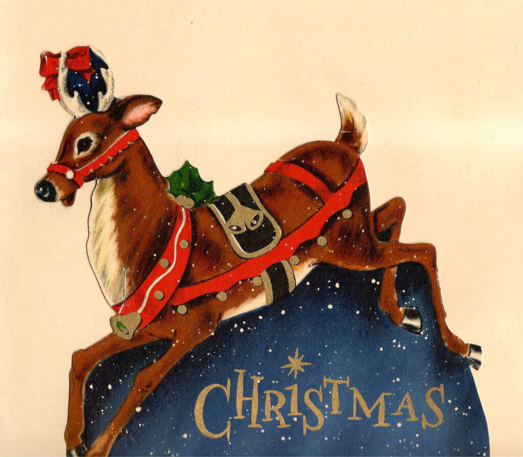 "Christmas" reindeer. Part of a cardboard Hallmark Christmas Sleigh. A mid century holiday table centerpiece.