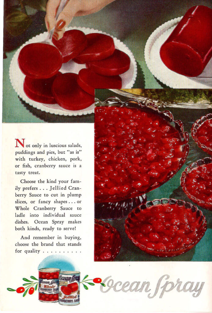 Varieties of Ocean Spray cranberries. Page from a booklet with recipes featuring cranberries that can be served during holidays all throughout the year.