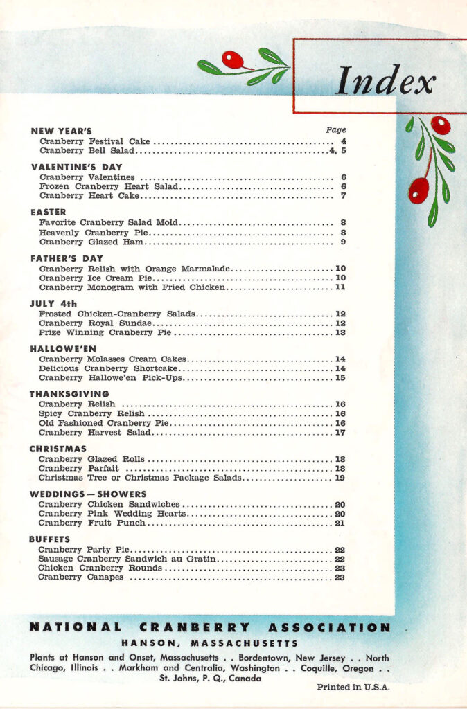 Index of recipes. Page from a booklet with recipes featuring cranberries that can be served during holidays all throughout the year.