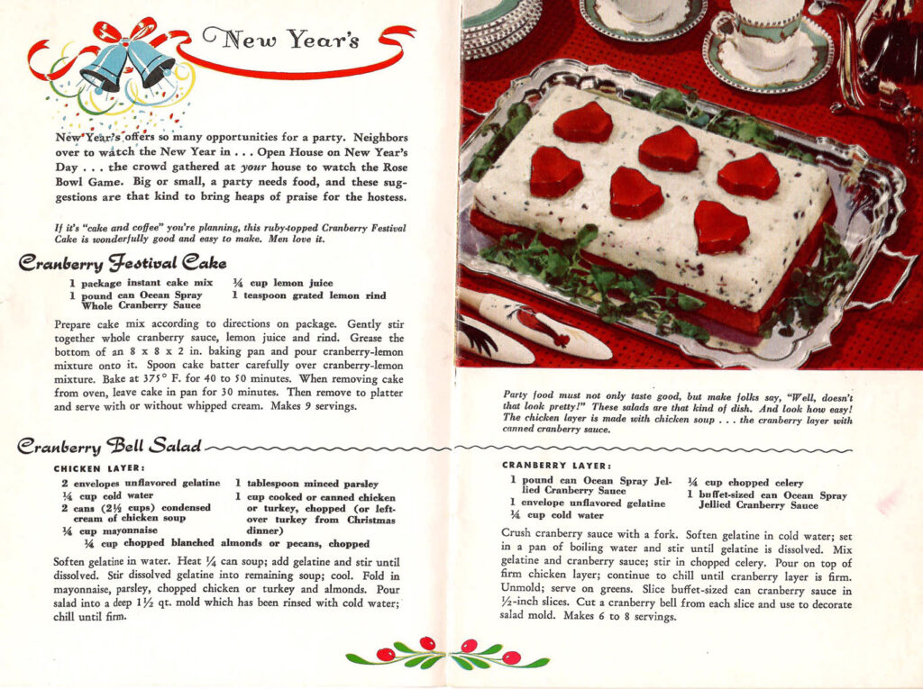 Cranberries for New Years. Page from a booklet with recipes featuring cranberries that can be served during holidays all throughout the year.