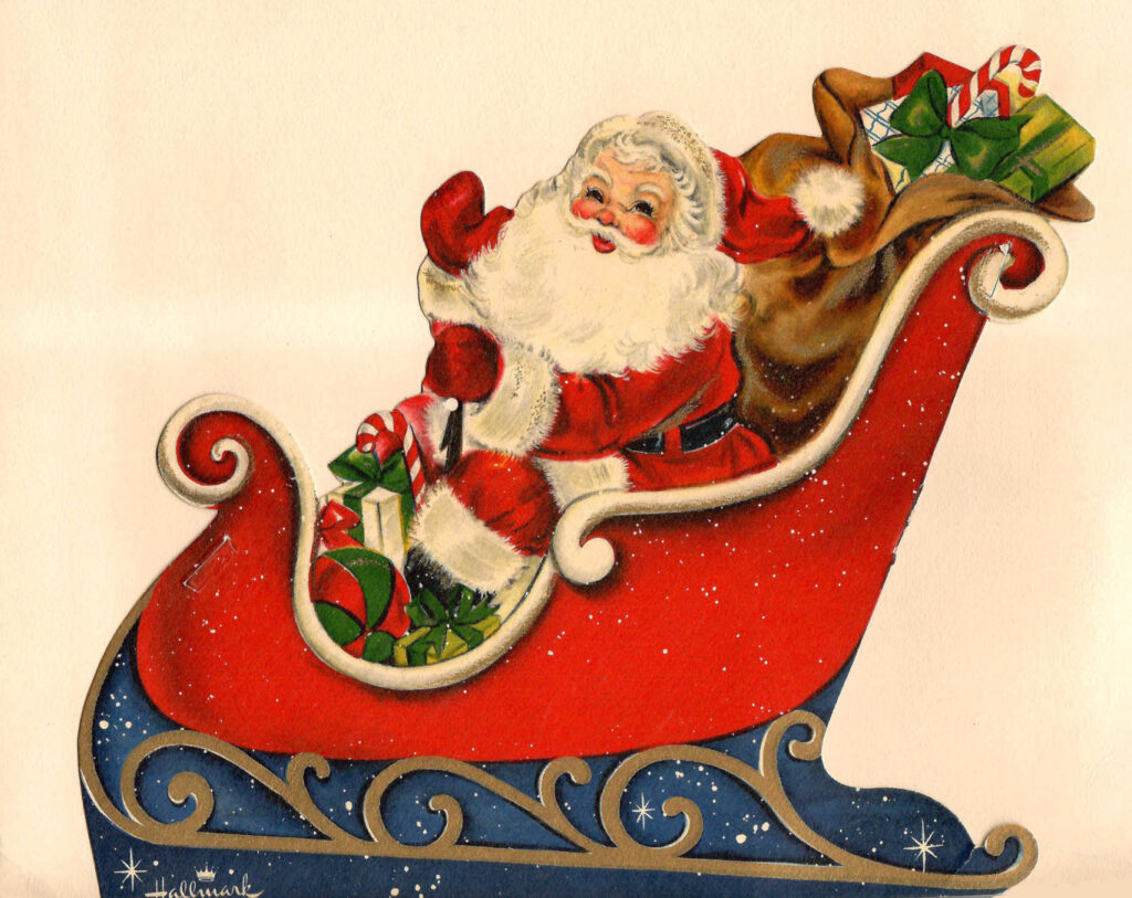Vintage Santa. Part of a cardboard Hallmark Christmas Sleigh. A mid century holiday table centerpiece.