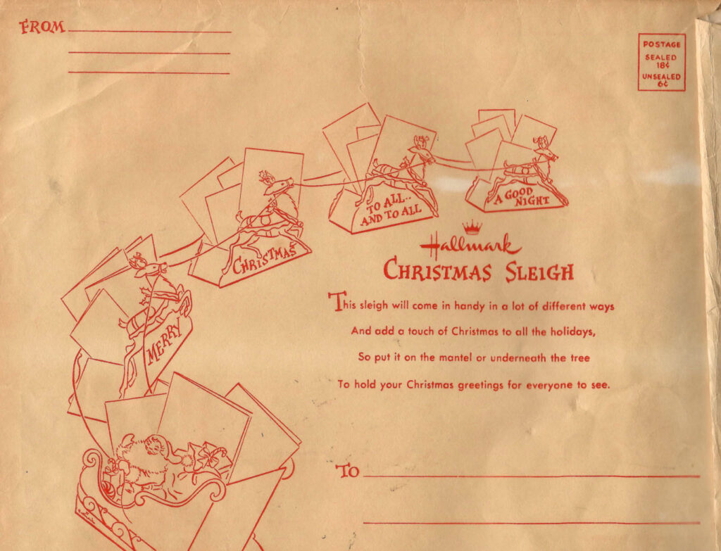Hallmark Christmas Sleigh envelope. Envelope that housed a mid century holiday table centerpiece.