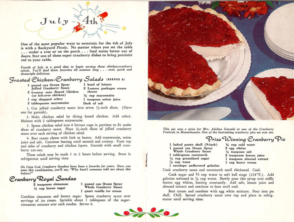 Cranberries for July 4th. Page from a booklet with recipes featuring cranberries that can be served during holidays all throughout the year.