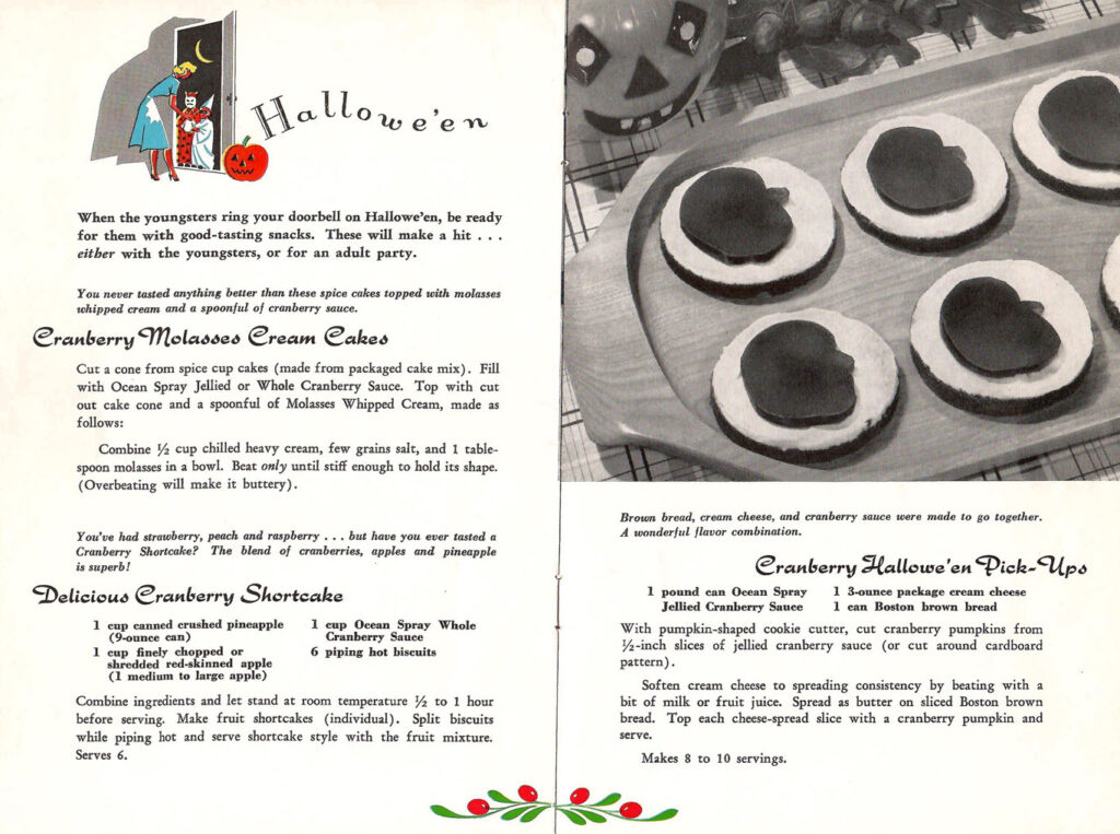 Cranberries for Halloween. Page from a booklet with recipes featuring cranberries that can be served during holidays all throughout the year.