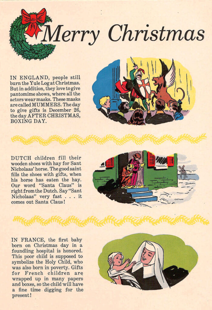 Christmas in England, the Netherlands and France. Page of a comic book published by City Service Petroleum company in 1954.