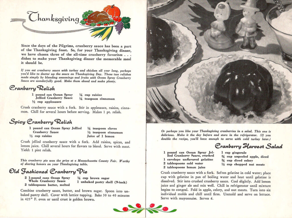Cranberries for Thanksgiving. Page from a booklet with recipes featuring cranberries that can be served during holidays all throughout the year.