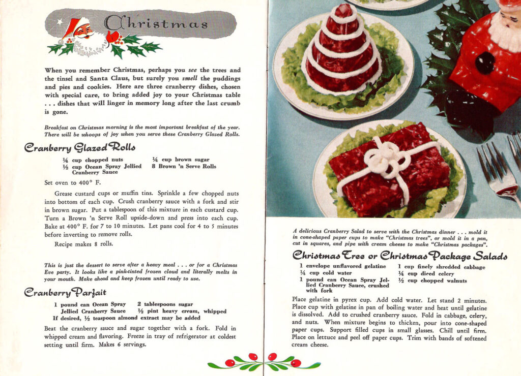 Cranberries for Christmas. Page from a booklet with recipes featuring cranberries that can be served during holidays all throughout the year.
