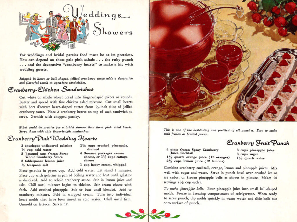 Cranberries for wedding showers. Page from a booklet with recipes featuring cranberries that can be served during holidays all throughout the year.