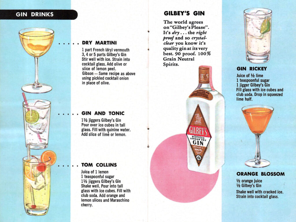 Recipes for Gin drinks. Page from a pamphlet published by the National Distillers Products Company in the 1950s, full of recipes and tips to create better mixed drinks.