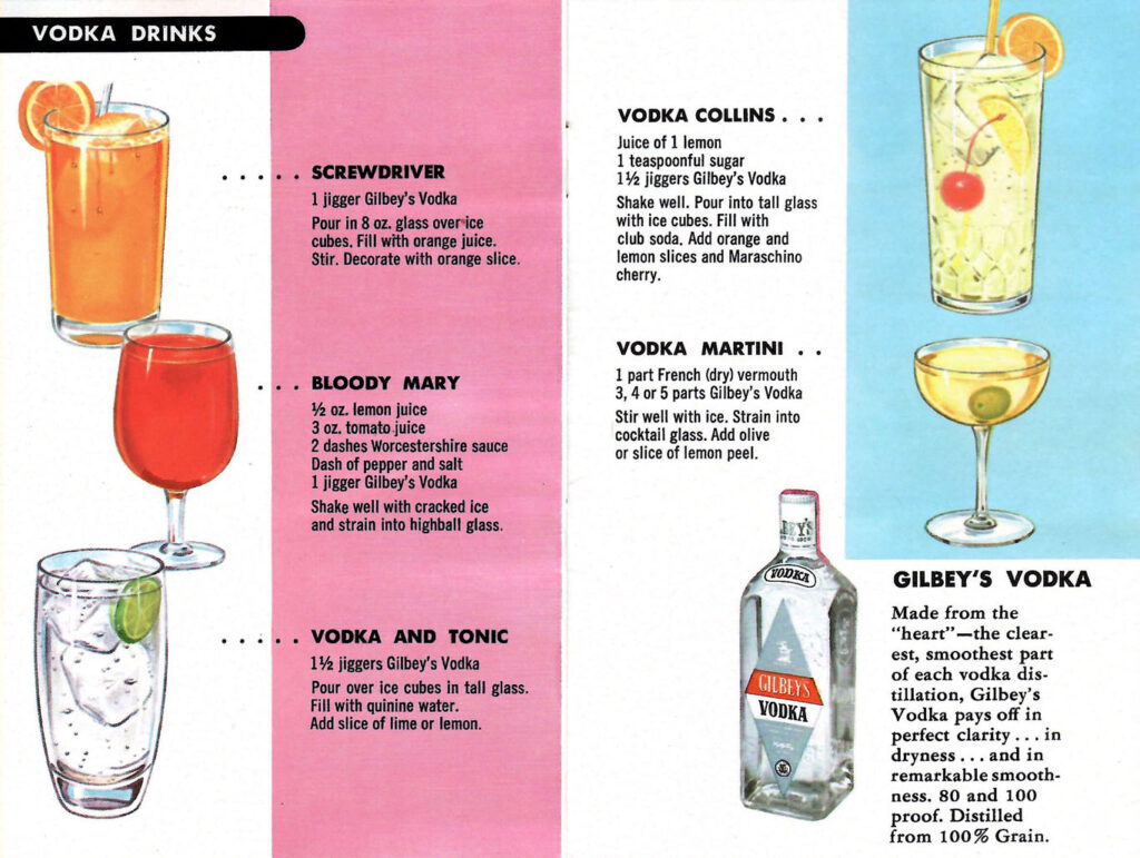Recipes for Vodka drinks. Page from a pamphlet published by the National Distillers Products Company in the 1950s, full of recipes and tips to create better mixed drinks.