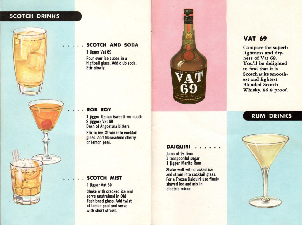 Recipes for Scotch and Rum drinks. Page from a pamphlet published by the National Distillers Products Company in the 1950s, full of recipes and tips to create better mixed drinks.