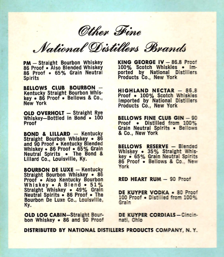 Other fine brands. Page from a pamphlet published by the National Distillers Products Company in the 1950s, full of recipes and tips to create better mixed drinks.