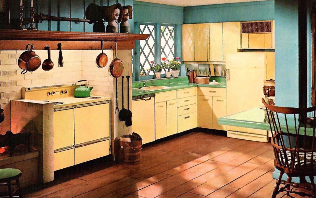 Merrie English Kitchen. Conceptional art for a kitchen laundry in a brochure published by General Electric in the 1950s.