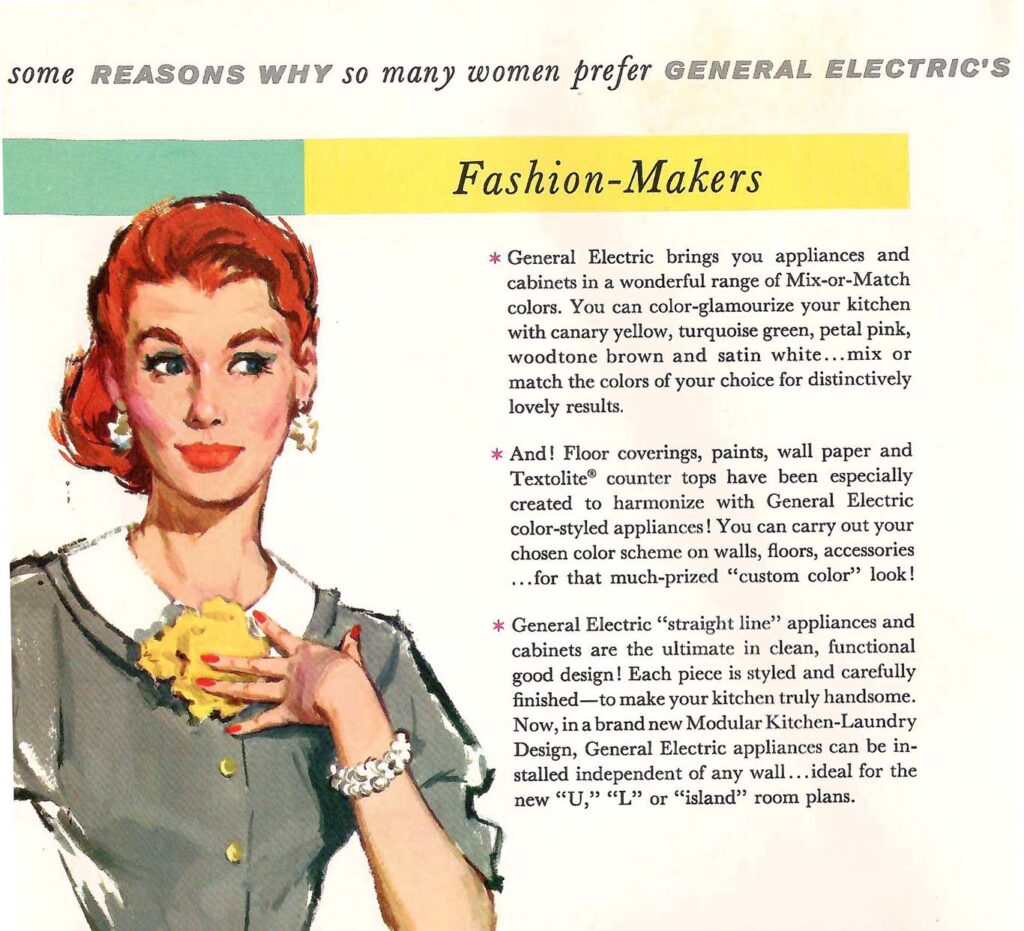 Fashion Makers. Details about GE kitchen laundry designs available in the 1950s.