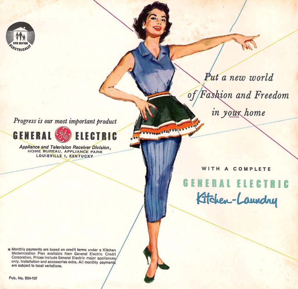 A complete General Electric kitchen laundry. Details about kitchen laundry designs available in the 1950s.